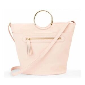 Blush Pink Faux Leather Bucket Bag Gold Ring Handle Crossbody Tassel Detail